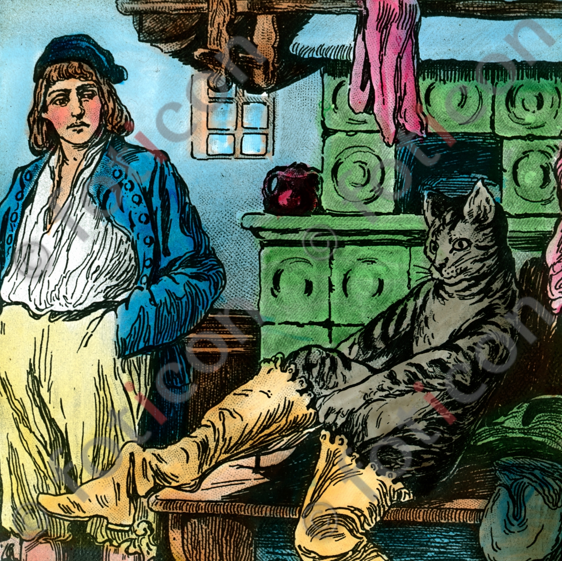 Der Kater zieht sich die Stiefel an | The cat pulls the boots - Foto foticon-simon-166b-001.jpg | foticon.de - Bilddatenbank für Motive aus Geschichte und Kultur